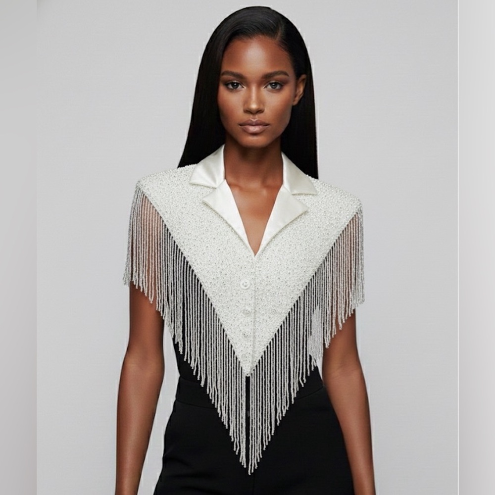 White Blazer Cape with Beaded Fringe - Picture 4 of 7